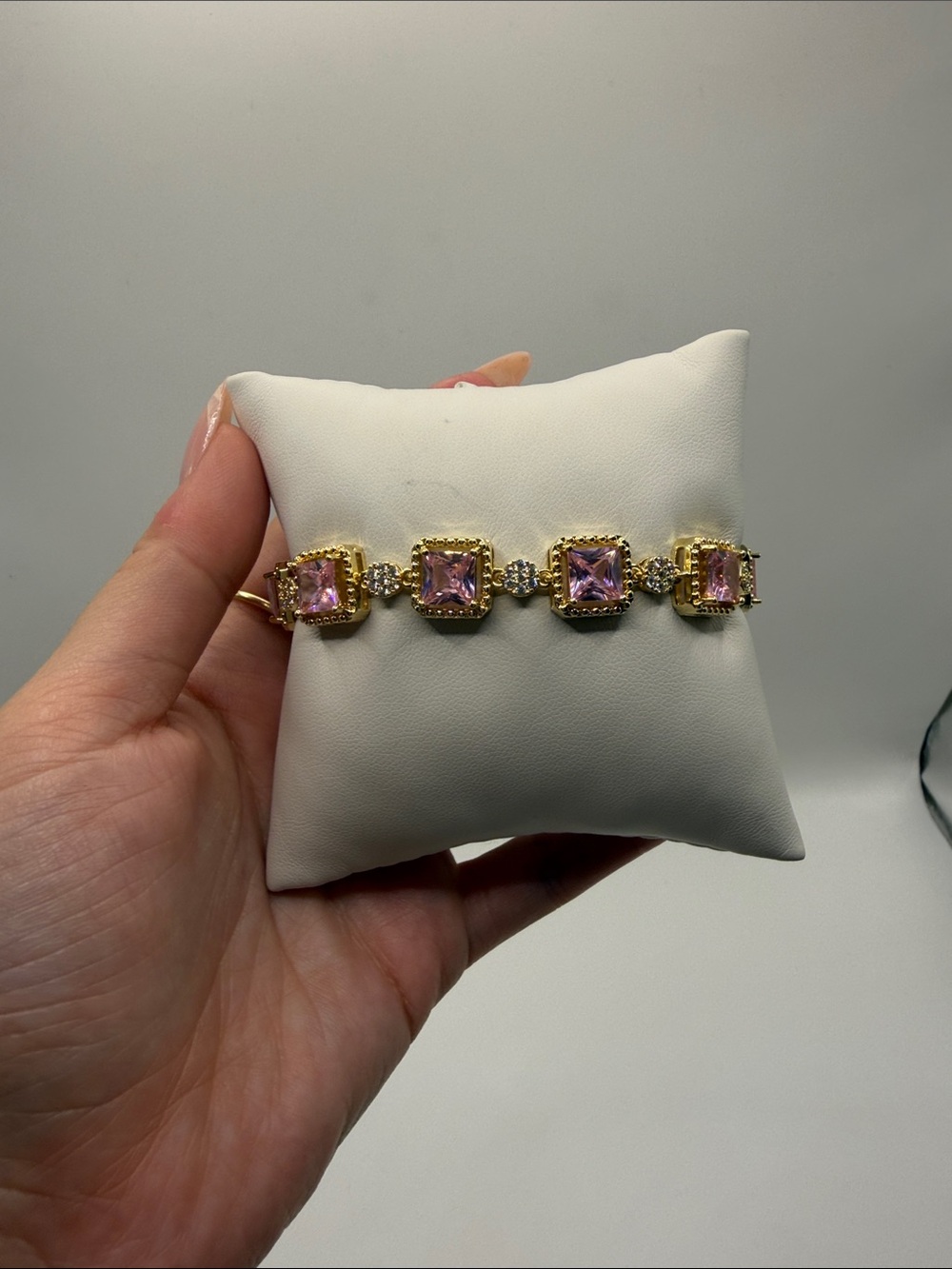 146. Gold-Plated Pink Cubic Zirconia Link Bracelet 7”
